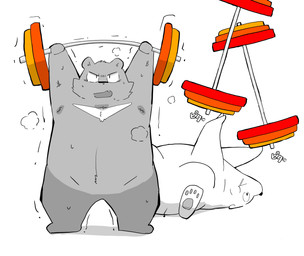 anthro biped black_nose bodily_fluids duo exercise grey_body kemono lying overweight simple_background sweat white_background white_body workout gayousi7 bear mammal 2021 absurd_res hi_res