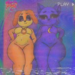 anthro big_breasts breasts crossgender duo female female/female fur hand_on_hip looking_at_viewer looking_down purple_body purple_fur smile text thick_thighs video_cassette zak898 mob_entertainment poppy_playtime smiling_critters catnap_(poppy_playtime) dogday_(poppy_playtime) canid canine canis critters_(poppy_playtime) domestic_cat domestic_dog felid feline felis humanoid mammal 1:1 2024 digital_media_(artwork) english_text hi_res