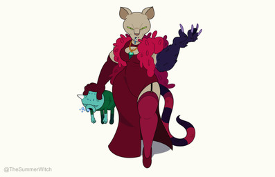 anthro bald blood blue_blood bodily_fluids breasts claws clothed clothing colored_blood duo female frown fur fur_tuft garter_belt garter_straps gloves green_eyes handwear horn jewelry leggings legwear looking_at_viewer necklace red_clothing scales scaly_tail scarf scowl simple_background simple_eyes tail text tuft unusual_blood unusual_bodily_fluids white_background thesummerwitch adventure_time cartoon_network super_adventure_time elena_(thesummerwitch) fan_character unnamed_character domestic_cat felid feline felis horned_humanoid humanoid mammal pup_(adventure_time) vampire absurd_res alternate_version_at_source artist_name hi_res shaded watermark