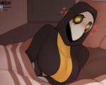 bed bedding big_breasts blanket blush breasts clothing female furniture glowing glowing_eyes happy heart_symbol hood inside looking_at_viewer lying lying_on_bed mask on_bed smile solo spiral_eyes yellow_eyes vetisx margaret_(vetisx) humanoid undead 5:4