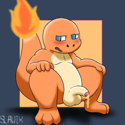 anthro bodily_fluids dripping embarrassed flaccid genital_fluids genitals humanoid_genitalia humanoid_penis male orange_body penis precum precum_drip small_penis solo thick_thighs slavik. mythology nintendo pokemon charmander dragon generation_1_pokemon mythological_creature mythological_scalie pokemon_(species) scalie 1:1 hi_res