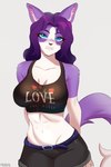 abs anthro belt blue_eyes bottomwear breasts cleavage clothed clothing female fur hair hands_behind_back looking_at_viewer navel open_clothing purple_body purple_fur purple_hair shorts solo topwear white_body white_fur murfa guide_lines hi_res sketch