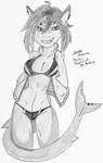 accessory anthro bikini clothing ear_piercing ear_ring female furgonomics furry-specific_piercing jewelry piercing ring_piercing shark_tail simple_background solo swimwear tail tail_accessory tail_jewelry tail_piercing tail_ring_(piercing) two-piece_swimsuit underwear white_background ambris danfer erika_(ambris) fish marine shark 2022 absurd_res artist_collaboration hi_res monochrome sketch traditional_media_(artwork)