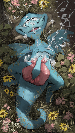 2_penises after_masturbation animal_genitalia animal_penis anthro bodily_fluids cloaca cloacal_penis cloacal_rectum cum cum_on_face cum_on_ground cum_on_self flower genital_fluids genitals hemipenes looking_pleasured male multi_genitalia multi_penis nature nature_background penis plant solo strathven mythology junebug_(strathven) dragon mythological_creature mythological_scalie scalie