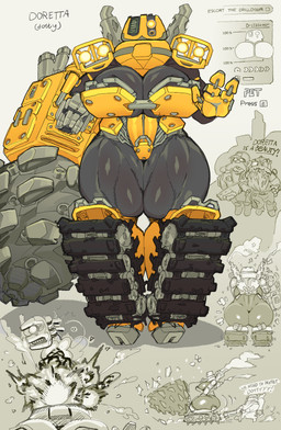 admiring anthro bar_emanata big_breasts big_butt biped breasts butt button_prompt clothed clothed_humanoid clothing decapitation dialogue drill drill_arm emanata exhaust exhaust_pipe explosion eyewear facial_hair female front_view fully_clothed fully_clothed_humanoid gameplay_mechanics gesture glasses grey_body group gun hands_on_hips headlight latex looking_at_viewer machine monocle motion_lines musical_note musical_symbol mustache not_furry open_mouth ranged_weapon rear_view shadow simple_background size_difference smoke symbol treads underlined_text vent waving waving_at_viewer weapon white_background wiring yellow_body goatboydraws deep_rock_galactic ghost_ship_games doretta_(deep_rock_galactic) dwarf humanoid robot robot_anthro absurd_res hi_res multiple_images