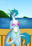 anthro beach breasts clothing female multicolored_clothing multicolored_swimwear non-mammal_breasts solo swimwear samuel-neocros mythology asura_(samuel-neocros) dragon mythological_creature mythological_scalie scalie hi_res