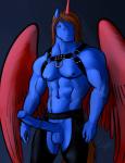 abs animal_genitalia animal_penis anthro biceps biped blue_clothing blue_coat blue_topwear chaps clothing coat equine_genitalia equine_penis erection feathered_wings feathers genitals harness horn leather leather_daddy male muscular muscular_anthro muscular_male nipples pecs penis simple_background solo standing topwear wings bgn hasbro my_little_pony mythology crimson_crown_(furryreapper) fan_character equid equine mammal mythological_creature mythological_equine winged_unicorn hi_res