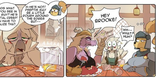 alcohol angry anthro armor beer beverage big_breasts breasts container cup dialogue eating feathers female fur green_eyes group mug purple_body purple_scales scales text tired trio white_body white_feathers yellow_body yellow_fur ghioel mythology amelia_steelheart brooke_(simplifypm) cass_(simplifypm) avian bird canid canine canis domestic_dog dragon mammal mythological_creature mythological_scalie scalie absurd_res comic english_text hi_res
