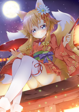 accessory alcohol asian_clothing bell beverage blush clothing dipstick_tail east_asian_clothing eyebrows female food full_moon hair_accessory hair_bell japanese_clothing kimono lamp lantern legwear looking_at_viewer markings moon night paper_lantern ribbons sake sitting solo star tail tail_markings thigh_highs ichi_makoto animal_humanoid canid canid_humanoid canine canine_humanoid fox fox_humanoid humanoid mammal mammal_humanoid absurd_res hi_res