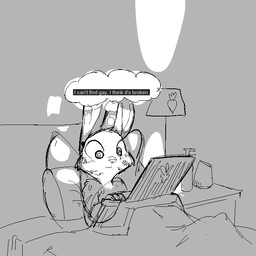 ambiguous_gender anthro bed bedding blanket computer ears_up electronics facial_markings furniture head_markings lamp laptop markings on_bed pillow reclining solo text thought_bubble under_covers replytoanons disney zootopia jack_savage lagomorph leporid mammal rabbit 1:1 aliasing digital_media_(artwork) english_text greyscale monochrome sketch
