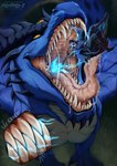ambiguous_gender black_bottomwear black_clothing black_hair black_pants blue_body blue_clothing blue_horn blue_scales blue_topwear blurred_background bodily_fluids bottomwear cheek_spikes clothed clothing duo facial_spikes fangs feral hair horn imminent_vore mouth_shot narrowed_eyes open_mouth pants pupils saliva saliva_on_tongue saliva_string scales sharp_teeth short_hair slit_pupils spikes spikes_(anatomy) teeth text tongue tongue_out topwear white_body white_scales yellow_eyes santanahoffman mythology dragon human mammal mythological_creature mythological_scalie scalie artist_name hi_res