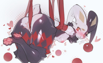 anthro arms_tied bdsm black_body black_fur black_nose blush blush_lines bondage bound breasts butt cheek_tuft facial_tuft female fur genitals heart_symbol jester looking_at_viewer markings multicolored_body multicolored_fur neck_tuft nipples pawpads red_markings short_tail solo tail tape tape_bondage tuft vulva white_body white_fur yellow_eyes yellow_markings wwufufu palworld pocketpair dupin_(pal) lagomorph leporid mammal pal_(species) rabbit