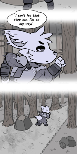 anthro armor fantasy male text critters_of_evervail liam_(critters_of_evervail) canid canine canis coyote mammal absurd_res comic english_text hi_res long_image tall_image