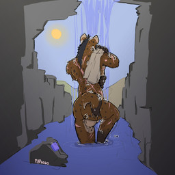 animal_genitalia anthro backsack balls bathing biceps big_balls black_body black_fur brown_body brown_fur bubble cavern cliff cloth day dripping fur genitals glistening glistening_body gloves_(marking) hand_on_side hill leg_markings light looking_ahead male mane manly markings muscular muscular_anthro muscular_male nature nude outside partially_submerged pose rear_view rock scar sheath soaked soap soap_bar soap_bubbles socks_(marking) solo suds sun sunlight tail tail_aside tan_body tan_fur thick_thighs water water_ripple waterfall wet plaguedoctorprincess uv'qxe_(espyeen) gnoll hyena mammal spotted_hyena 1:1 2020 digital_media_(artwork) hi_res pinup