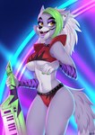 anthro armwear breasts clothing ear_piercing ear_ring eyeshadow female fur green_hair hair keyboard_instrument keytar lipstick makeup midriff musical_instrument navel piercing purple_body purple_fur red_clothing ring_piercing seductive smile solo standing tight_clothing under_boob white_hair yellow_eyes artiskarushi five_nights_at_freddy's five_nights_at_freddy's:_security_breach scottgames steel_wool_studios roxanne_wolf canid canine canis mammal wolf absurd_res hi_res