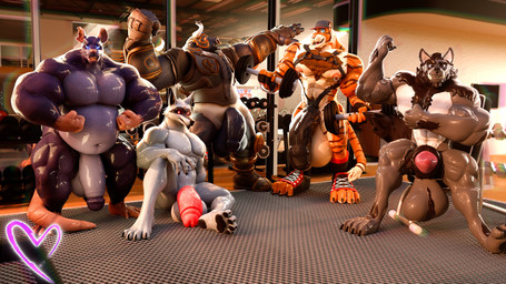 abs animal_genitalia animal_penis anthro armor balls biceps big_balls big_muscles big_penis body_hair canine_genitalia canine_penis claws clothing exercise facial_hair facial_markings facial_piercing flexing flexing_bicep fur genitals grey_body grey_fur group gym hair head_markings horn huge_balls huge_muscles huge_penis humanoid_genitalia humanoid_penis hyper hyper_genitalia hyper_muscles hyper_penis looking_at_viewer male markings musclegut muscular muscular_anthro muscular_male nipples nose_piercing nude open_mouth pecs penis piercing red_eyes size_difference smile striped_body stripes tail teeth thick_thighs vein veiny_penis anonymousfm dream_and_nightmare watanno reptilligator_(modeler) valorlynz_(modeler) watanno_(modeler) wolke_(modeler) biceptember blizzard_entertainment dreamworks european_mythology greek_mythology mythology overwatch puss_in_boots_(franchise) bara_rat_(wolke) death_(puss_in_boots) minotaur_reinhardt night_(dream_and_nightmare) reinhardt_(overwatch) wolber bovid bovine canid canine canis felid mammal minotaur murid murine pantherine rat rodent tiger wolf 16:9 3d_(artwork) 4k absurd_res digital_media_(artwork) hi_res widescreen