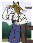 anthro apple black_eyes brown_hair clothing facial_hair fence food fruit fur gesture hair hat headgear headwear male overalls plant salute solo white_body white_fur bgn haw asinus donkey equid equine mammal hi_res