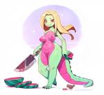 anthro areola blonde_hair breasts claws curvy_figure featureless_crotch female food fruit hair holding_food holding_object knife long_hair looking_at_viewer melon nipples non-mammal_breasts plant pupils red_eyes scales slit_pupils text thick_thighs toe_claws voluptuous watermelon watermelon_slice wide_hips cyancapsule matz alligator alligatorid avian bird crocodilian reptile scalie 2018 digital_media_(artwork) hi_res signature