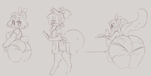 accessory anthro apron bent_over big_breasts big_butt bottomwear breasts butt clothing eyewear female fluffy fluffy_tail glasses group hair_accessory holding_object huge_butt legwear restaurant serving serving_beverage shorts small_breasts tail thick_thighs thigh_highs uniform waiter wide_hips jinx_doodle amelie_(jinx_doodle) poppy_(jinx_doodle) bear giant_panda mammal 2021 multiple_scenes sketch_page