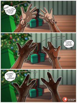 anthro biped black_hair dialogue drone dronification forced forced_transformation hair holidays hooves human_to_anthro male muscular muscular_anthro muscular_human muscular_male solo species_transformation text transformation kahlua_dragon christmas deer human mammal new_world_deer reindeer 2025 3:4 comic english_text hi_res