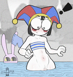 4_fingers anthro barely_visible_genitalia barely_visible_vulva beach blush bottomless bottomless_female clothed clothing clothing_theft duo embarrassed exclamation_point female fingers flat_chested genitals human_focus male mostly_submerged not_furry_focus partially_submerged pattern_clothing pattern_topwear pubes scribble_eyes shocked solo_focus standing_in_water stealing striped_clothing striped_topwear stripes swimming_trunks swimwear swimwear_theft thick_thighs topwear unwanted_exposure vulva water lucas_mist glitch_productions the_amazing_digital_circus jax_(tadc) pomni_(tadc) human lagomorph leporid mammal rabbit