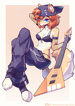 anthro armwear bass_guitar blue_eyes bottomwear bra clothing female fishnet_armwear fishnet_clothing fur guitar hair looking_at_viewer midriff multicolored_body multicolored_fur musical_instrument orange_body orange_fur orange_hair oversized_bottomwear oversized_clothing oversized_pants pants plucked_string_instrument solo string_instrument thong_straps underwear white_body white_fur falseconstruct canid canine fox mammal absurd_res hi_res