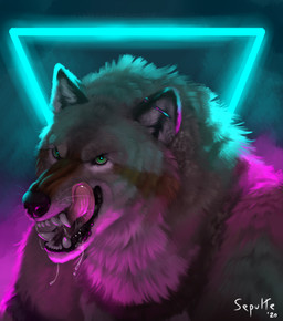 anthro bodily_fluids drooling ear_piercing ear_ring fangs fluffy fur green_eyes licking licking_lips licking_own_lips looking_at_viewer male neck_tuft neon_lights open_mouth piercing ring_piercing saliva self_lick smile smiling_at_viewer solo synthwave teeth teeth_showing tongue tongue_out tuft sepulte mythology canid canine canis mammal mythological_canine mythological_creature werecanid werecanine werecreature werewolf wolf 2020 absurd_res bust_portrait hi_res portrait signature