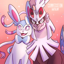 duo feral smile smiling_at_viewer sparkles bartolomy nintendo pokemon eeveelution generation_6_pokemon generation_7_pokemon legendary_pokemon pokemon_(species) silvally sylveon 2025 bust_portrait digital_media_(artwork) hi_res portrait