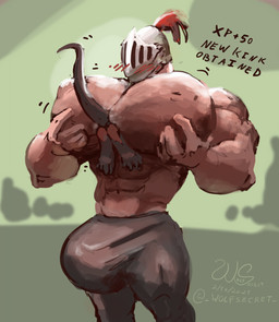 absorption_vore ambiguous_gender armor big_bulge big_muscles big_pecs blush blush_lines bottomwear bulge clothing duo gameplay_mechanics headgear helmet huge_bulge huge_muscles huge_pecs hyper hyper_bulge hyper_muscles hyper_pecs knight male male_pred medieval muscular muscular_male pants pec_grab pecs pectoral_bulge pectoral_vore shirtless vore vore_bulge warrior willing_pred wolfsecret human mammal scalie hi_res