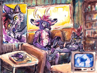 animal_genitalia anthro balls black_body black_fur casual_sex duo erection fur furniture genitals group_masturbation hand_on_head hand_on_knee hand_on_leg looking_at_porn lying male male/male masturbation nipples on_back oral penis pornography purple_body record_player sex sheath sitting sofa tongue tongue_out vinyl_record watching_television kittee_mortis kittee_mortis_(character) deer domestic_cat felid feline felis mammal 4:3