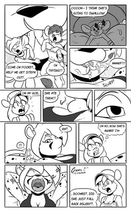 ambiguous_gender ambiguous_prey anthro anthro_pred anthro_prey breasts cleavage clothed clothing dialogue extreme_size_difference falling_asleep female female_pred group inside_mouth male male_prey multiple_prey neck_bulge oral_vore partially_inside peril size_difference sleep_vore sleeping snoring teeth text thought_bubble tongue unaware_pred unaware_vore uvula vore waking_up gizmochinasa chinasa_lopp dec25stephanie philipkelton pocket_jabari sprocket_(gizmochinasa) cheetah felid feline gerbil mammal mouse murid murine rodent 2019 comic dated digital_drawing_(artwork) digital_media_(artwork) english_description english_text greyscale hi_res monochrome signature female_(lore)