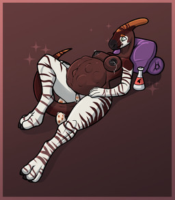 3_toes 5_fingers after_transformation anthro belly bodily_fluids breasts claws crest_markings egg egg_bulge feet female fingers frill_(anatomy) frill_markings genital_fluids glistening glistening_belly green_eyes happy head_crest head_frill head_markings lactating leaking_milk leaning looking_down lying markings milk navel nipples on_back outie_navel oviposition pillow potion potion_bottle potion_label pregnant pregnant_anthro pregnant_female smile solo striped_arms striped_legs striped_markings striped_tail stripes tail tail_markings toes transformation transformation_potion vaginal vaginal_fluids vaginal_oviposition bastiel genevieve_lykelle dinosaur giraffid hadrosaurid mammal okapi ornithischian ornithopod parasaurolophus prehistoric_species reptile scalie 2025 absurd_res hi_res