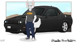 anthro car male motor_vehicle solo standing vehicle spoopy-abby dodge_(brand) dodge_challenger canid canine mammal 16:9 hi_res widescreen