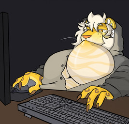 anthro big_breasts black_background breast_play breast_suck breasts claws clothing computer_monitor computer_mouse eyelashes female female_anthro finger_claws furniture huge_breasts keyboard kigurumi mane markings mousepad multicolored_body nipple_fetish nipple_in_mouth nipple_play nipple_suck nipples onesie self_suckle simple_background sitting solo spots spotted_body striped_body stripes sucking table white_body white_mane yellow_body midnite_fsnax felid lion mammal pantherine hi_res