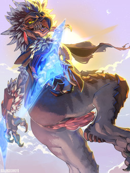 action_pose ambiguous_fluids animal_genitalia anthro anus beak bodily_fluids bottomless claws cloaca cloacal_anus cloacal_penis cloak clothed clothing dripping energy_sword erection feathers fingers genital_fluids genital_slit genitals light male melee_weapon outside penis pose precum science_fiction sky skyscape slit_penis solo sunlight sword tailless teeth toe_claws tongue tongue_out vertical_cloaca weapon grungecandy halo_(series) microsoft xbox_game_studios nor_zauth alien kig-yar scalie t'vaoan 3:4