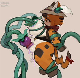 ambiguous_fluids anthro balls balls_expansion big_balls big_breasts big_penis black_body black_fur blush blush_lines bottomless bottomless_anthro bottomless_gynomorph bottomless_intersex breast_expansion breasts bulging_breasts calico_pattern clothed clothing ears_through_headwear expansion fur furgonomic_headwear furgonomics genital_expansion genitals grey_eyes gynomorph gynomorph_anthro hands_behind_back huge_breasts intersex intersex_anthro markings multicolored_body multicolored_fur onomatopoeia orange_body orange_fur penis penis_expansion penis_in_tentacle plant plant_sex plant_tentacles questionable_consent restrained restrained_arms restrained_by_tentacles restrained_legs sex solo sound_effects spots spotted_body spotted_fur tail tentacle_around_breast tentacle_fellatio tentacle_sex tentacles text vine_tentacles wearing_hat white_balls white_body white_breasts white_fur white_penis kyurisawa calico_cat domestic_cat felid feline felis mammal 2026 digital_drawing_(artwork) digital_media_(artwork) signature