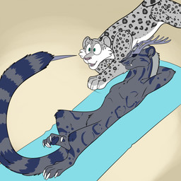 ambiguous_gender black_sclera duo feral fur green_eyes grey_body grey_fur inflatable lying markings on_back pink_nose ring_(marking) ringed_tail striped_markings striped_tail stripes tail tail_markings tail_spines foxenawolf animate_inanimate felid living_inflatable mammal pantherine snow_leopard 1:1 absurd_res hi_res