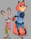 2023 4:5 anthro canid canine clothed clothing crossgender disney dm_(artist) duo english_text eyebrows female fox fully_clothed green_eyes half-closed_eyes hand_in_pocket hi_res judy_hopps lagomorph leporid male mammal narrowed_eyes necktie nick_wilde pockets police police_uniform purple_eyes rabbit red_fox smug_face text thick_eyebrows true_fox uniform zootopia