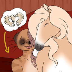 after_sex anthro bed black_nose broken_bone broken_pelvis brown_body brown_fur brown_markings burn_mark burn_scar duo ear_piercing eyes_closed facial_piercing facial_scar female fur furniture hair implied_orgasm large_female long_hair looking_pleasured lying lying_on_bed male male/female markings missing_fur missing_nose mole_(marking) mole_under_eye nose_piercing noseless on_back on_bed open_mouth palomino piercing scar size_difference smile suggestive conditional_dnp remruff eden_(remruff) jeff_(remruff) equid equine herpestid horse mammal meerkat 1:1