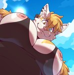 anthro arm_tuft big_nipples big_pecs black_clothing black_piercing black_shirt black_tank_top black_topwear black_whiskers blonde_eyebrows blonde_hair blue_eyes blue_sky bodily_fluids clothed clothed_anthro clothed_male clothing cloud ear_piercing ear_tuft elbow_tuft eyebrows hair heterochromia inner_ear_fluff light light_beam looking_at_viewer looking_down looking_down_at_viewer male nipples outside pecs perspective piercing pink_nipples pink_nose shirt sky smile smiling_at_viewer solo star_piercing sun sunbeam sunlight sweat sweatdrop sweaty_body sweaty_chest sweaty_face tank_top topwear tuft two_tone_chest whiskers white_chest white_cloud white_clouds white_ears white_inner_ear_fluff yellow_chest yellow_elbow_tuft yellow_eyes yellow_piercing yellow_tuft myiko pec_pov_meme waltt domestic_cat felid feline felis mammal 2024 digital_drawing_(artwork) digital_media_(artwork) hi_res