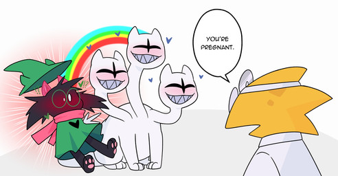 3_eyes 3_heads anthro black_body black_fur blush blush_lines female feral fur grin group heart_symbol horn male multi_eye multi_head pregnant rainbow sharp_teeth smile speech_bubble surprised teeth text trio white_body crushpepper deltarune undertale_(series) alphys clover_(deltarune) ralsei bovid caprine goat mammal english_text hi_res
