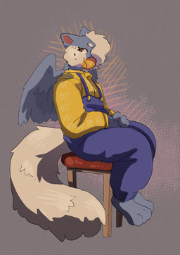 anthro back_wings barefoot beak blue_body blue_clothing blue_fur blue_overalls brown_eyes clothed clothing eyelashes feathers feet female fully_clothed fur grey_background grey_body grey_feathers hair hair_over_eye overalls plantigrade shirt simple_background sitting_on_stool solo tail topwear white_body white_fur white_hair wings yellow_beak yellow_clothing yellow_shirt yellow_topwear martindosent mythology avian bird budgerigar domestic_cat felid feline felis gryphon loriinae maine_coon mammal mythological_avian mythological_creature parakeet parrot true_parrot 2025 cel_shading clip_studio_paint_(artwork) digital_drawing_(artwork) digital_media_(artwork) full-length_portrait hi_res portrait shaded