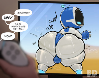 antennae_(anatomy) ass_clapping bent_over big_butt black_antennae blue_antennae blue_body blue_clothing blue_eyes blue_thong blue_underwear bodily_fluids bulge butt butt_jiggle clothed clothing controller dialogue duo electronics exclamation_point game_controller glistening glistening_antennae glistening_butt holding_controller holding_game_controller holding_object jiggling looking_at_butt looking_at_own_butt looking_at_self looking_back machine male multicolored_antennae multicolored_body not_furry onomatopoeia rear_view screen screen_face solo_focus sound_effects speech_bubble sweat television text thick_thighs thong three-quarter_view tilde_after_text two_tone_antennae two_tone_body underwear white_body bootydox astro_bot_(series) sony_corporation sony_interactive_entertainment astro_(astro_bot) bot_(astro_bot) human humanoid mammal robot robot_humanoid 2024 artist_name digital_media_(artwork) english_text hi_res