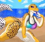 anthro beach big_breasts breasts claws clothing eyelashes female looking_at_viewer piercing purple_eyes purple_tongue sand sea seaside sharp_teeth solo swimwear tail teeth thick_tail tongue tongue_piercing water yellow_body blue_dingolf eublepharid gecko leopard_gecko lizard reptile scalie absurd_res hi_res