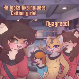 anthro anya_clowder_(milnegake_cherret) caption clawdia_calie_(milnegake_cherret) clothing female group human_on_anthro interspecies looking_at_viewer sonya_bayleaf_(milnegake_cherret) uniform milnegake_cherret star_trek star_trek_online star_trek_the_original_series m'rall_bayleaf_(milnegake_cherret) caitian calico_cat domestic_cat felid feline felis human mammal pantherine tiger absurd_res hi_res meme