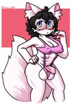 anthro balls barely_contained big_balls black_hair blue_eyes breasts clothing eyewear fur genitals glasses gynomorph hair intersex multi_breast nipples penile_spines penis slightly_chubby solo swimwear white_body white_fur jessedahcow skye_(tinycatskye) felid feline mammal hi_res