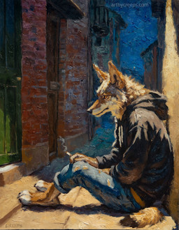 against_surface against_wall alley anthro barefoot black_nose bottomwear brick brick_wall cigarette clothed clothing dipstick_tail door feet fully_clothed fur hoodie light male markings orange_eyes outside pants paws pensive pointy_ears prick_ears realistic_lighting rolled_up_pants side_view sitting sitting_on_ground smoking smoking_cigarette solo tail tail_markings tan_body tan_fur text toe_markings topwear torn_bottomwear torn_clothing torn_pants wall_(structure) creeps canid canine canis coyote mammal 2024 lighting oil_painting_(artwork) painting_(artwork) signature traditional_media_(artwork) traditional_painting_(artwork) url watermark