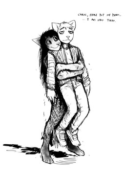 anthro blood blood_drip blood_on_ground bodily_fluids dripping duo female floating holding_character hug male hladilnik carol_(hladilnik) daniel_(hladilnik) canid canine canis domestic_dog ghost mammal spirit wolf 2022 black_and_white hi_res monochrome