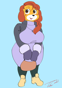 anthro big_breasts bottomwear breasts clothing collar dress female hair jewelry lipstick makeup necklace pants purse red_hair smile winter winter_coat toonarscontent bertha_(toonarscontent) canid canine canis domestic_dog mammal absurd_res hi_res