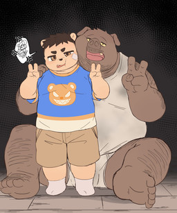 age_difference ambiguous_gender anthro balls belly big_belly big_hands bodily_fluids butt clothed clothing countershading curvy_figure duo emanata fully_clothed fur genitals gesture hair hand_gesture kemono male moobs mostly_nude navel nipples nude obese older_male overweight simple_background slightly_chubby slightly_chubby_anthro slightly_chubby_young tail tan_body tan_fur thick_thighs tongue v_sign wide_hips young young_anthro young_male moki_(artist) domestic_cat domestic_pig felid feline felis mammal suid suine sus_(pig) 2025 5:6 colored digital_drawing_(artwork) digital_media_(artwork) hi_res shaded